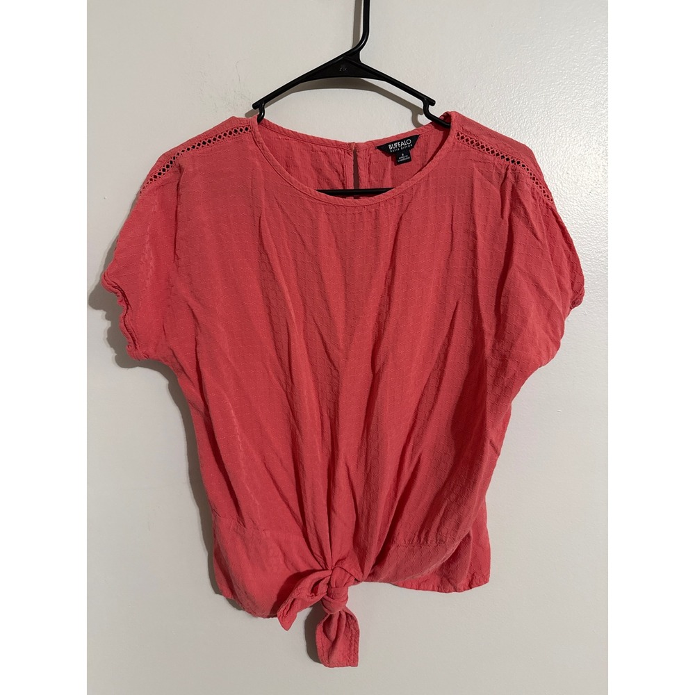 Buffalo David Bitton Coral Pink Tie Front Short Sleeve Blouse Crochet Trim Small